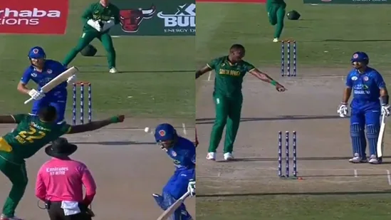 Rahmat Shah from Afghanistan faces extraordinary double-deflection run-out at the non-striker's end