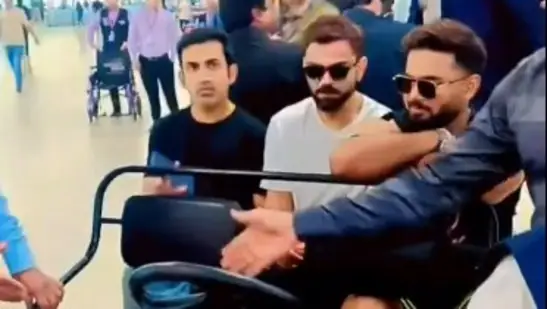 Star Indian Cricketers Virat Kohli, Gautam Gambhir, and Rishabh Pant Cause a Stir as They Cruise Around Delhi Airport Together in a Buggy